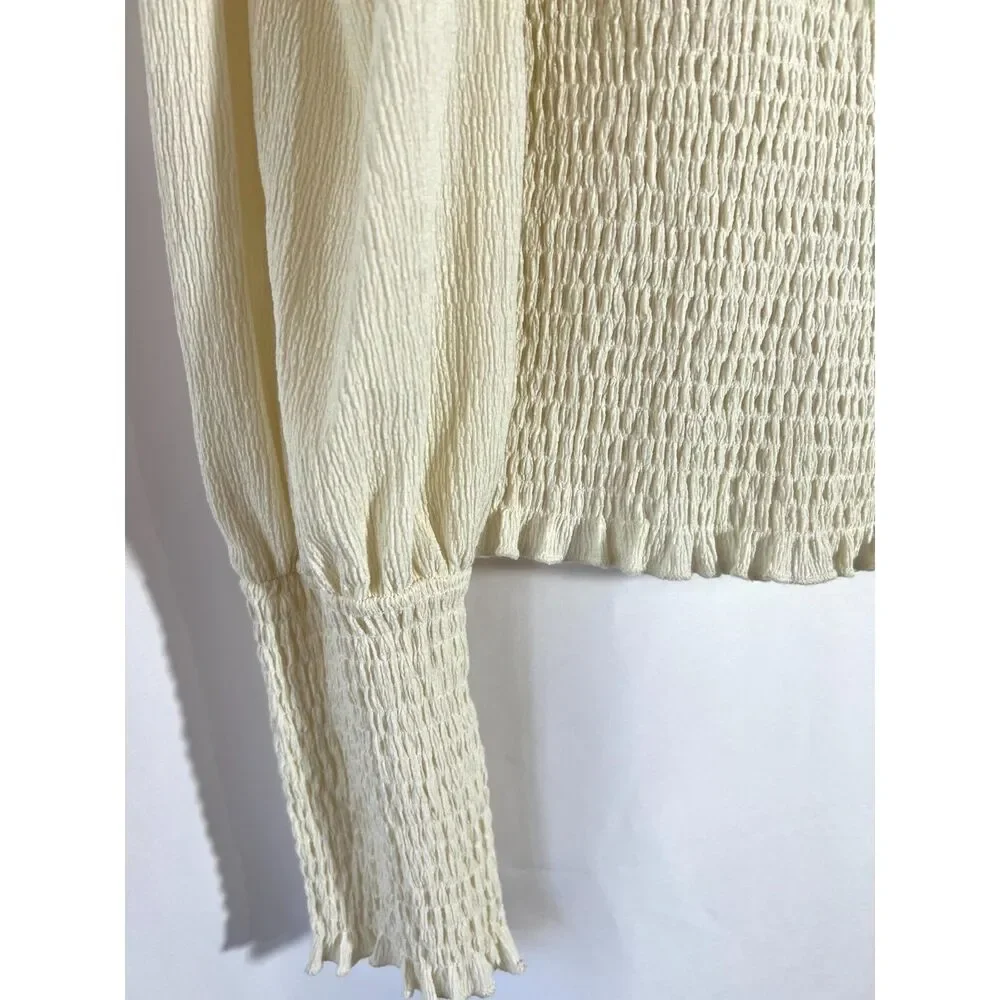Anthropologie Smocked Puff Sleeve Top Cream Sz M Boho Prairie Cowgirl Indie